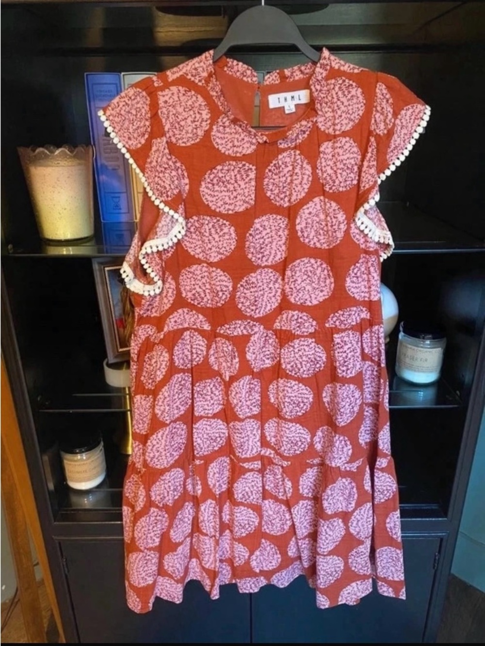 THML Rust Red Dress with Pink Dot Pom-Pom Trim